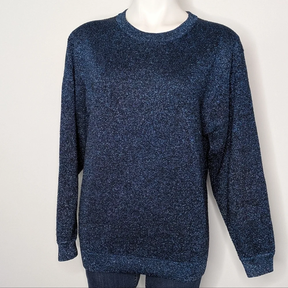 J Crew Blue Black Shimmer Long Sleeve Crew Neck Sweater S